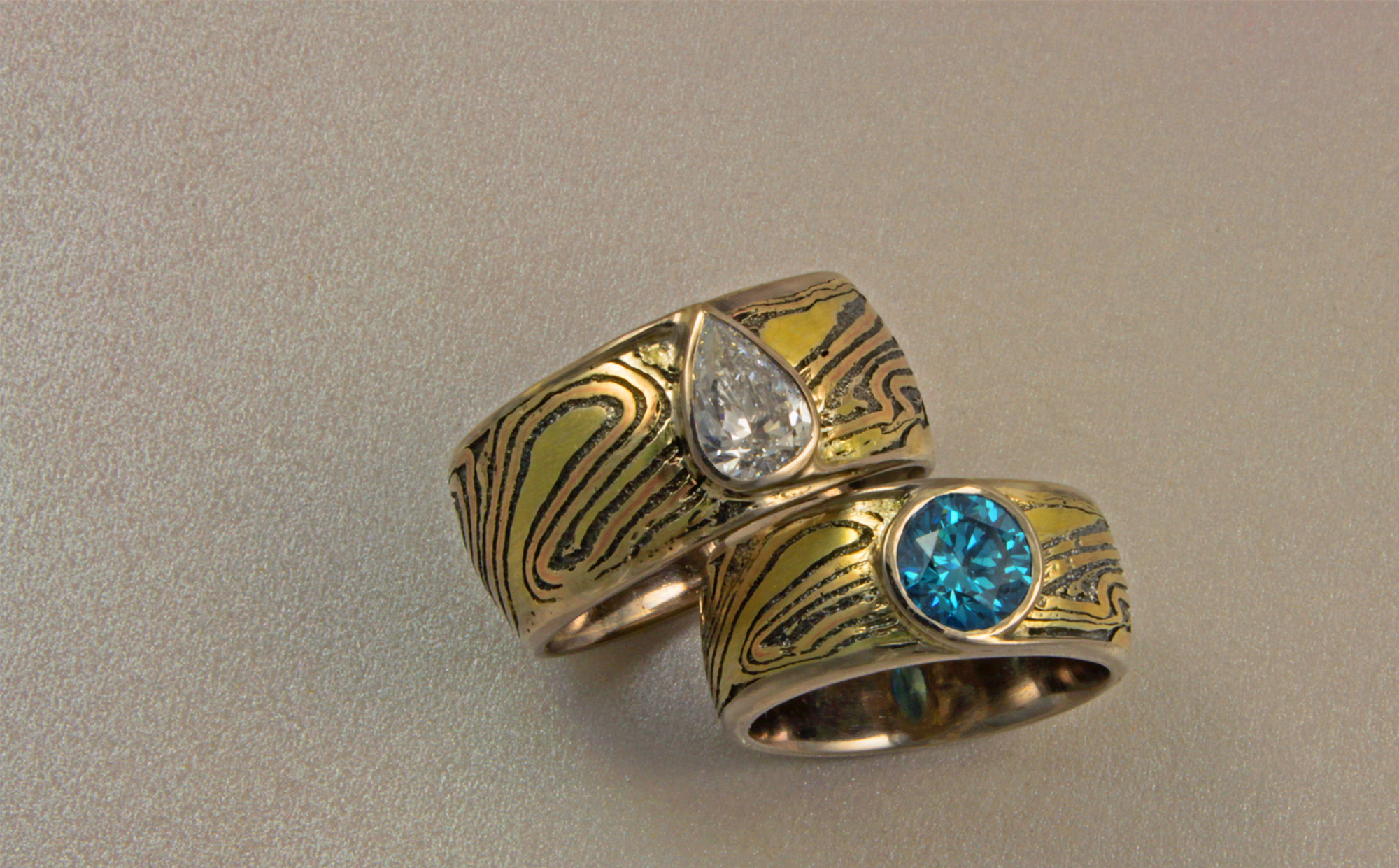 Pear and Blue Diamond Mokume Bands